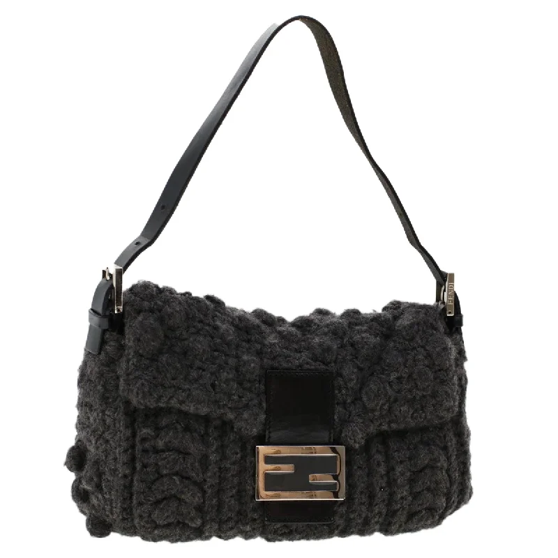 Fendi tote bags with a self - cleaning interior lining for easy maintenanceFENDI Mamma Baguette Shoulder Bag Wool Leather Gray  yk7448