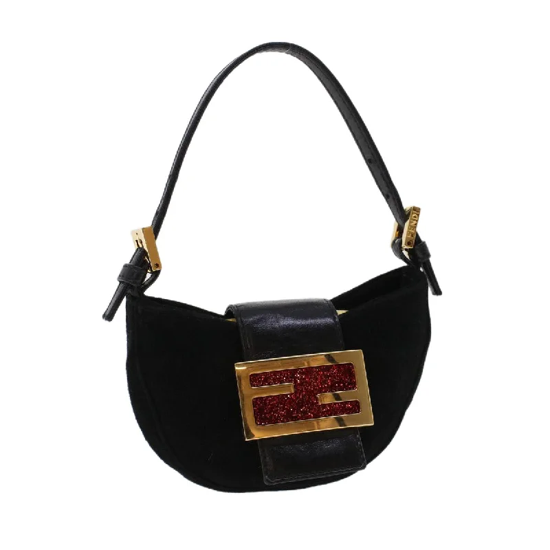 Fendi tote bags with a double - handle and shoulder - strap option for versatile carryingFENDI Mini Mamma Baguette Hand Bag Suede Black 2288-26673-009  44045