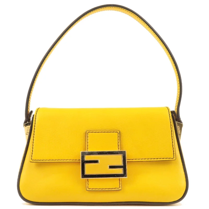 Ladies Fendi shoulder bags with a detachable phone stand for hands - free viewingFENDI Mini Mamma Baguette Canvas Leather Hand Bag Yellow 8BR180