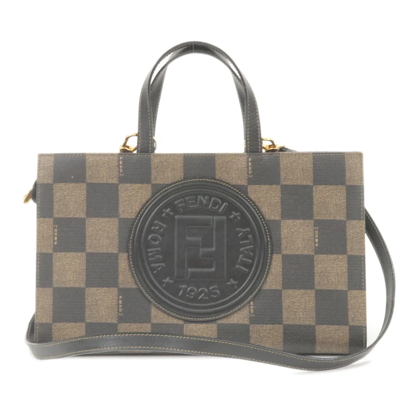 Fendi Baguette bags in a limited - edition colorway for a rare and exclusive lookFENDI Pequin Checkered PVC Leather 2Way Bag Khaki Black