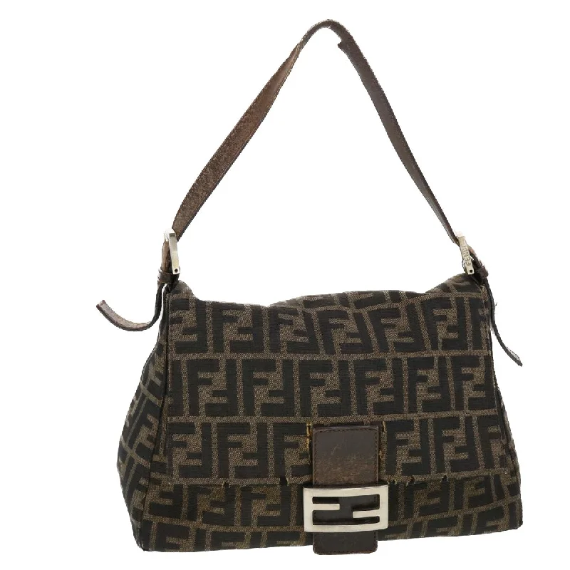 Fendi handbags with a glow - in - the - dark FF logo for a fun and unique featureFENDI Mamma Baguette Zucca Canvas Shoulder Bag Nylon Brown Black  43694