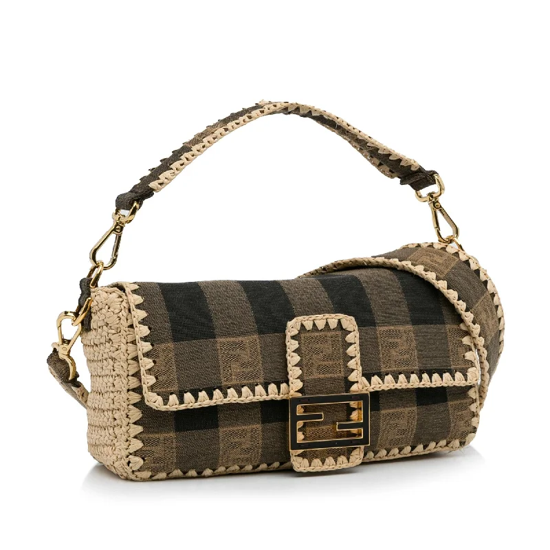 Ladies Fendi Peekaboo bags with a front - pocket organizer for quick access to essentialsFendi Pequin Canvas and Raffia Mamma Baguette (SHG-sSRqPf)