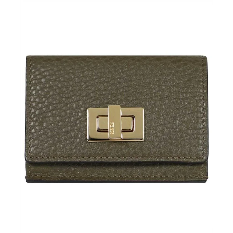 Fendi By The Way bags with a 3D - printed FF logo for a modern and textured lookFendi Selleria Leather Avocado Green Micro Trifold Wallet