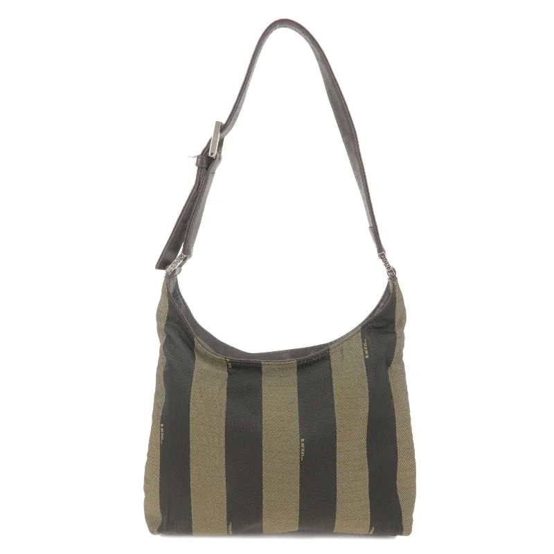 Fendi tote bags with a water - resistant lining for practicality during rainy daysFENDI Pequin Canvas Leather Shoulder Bag Khaki Brown Black 26709