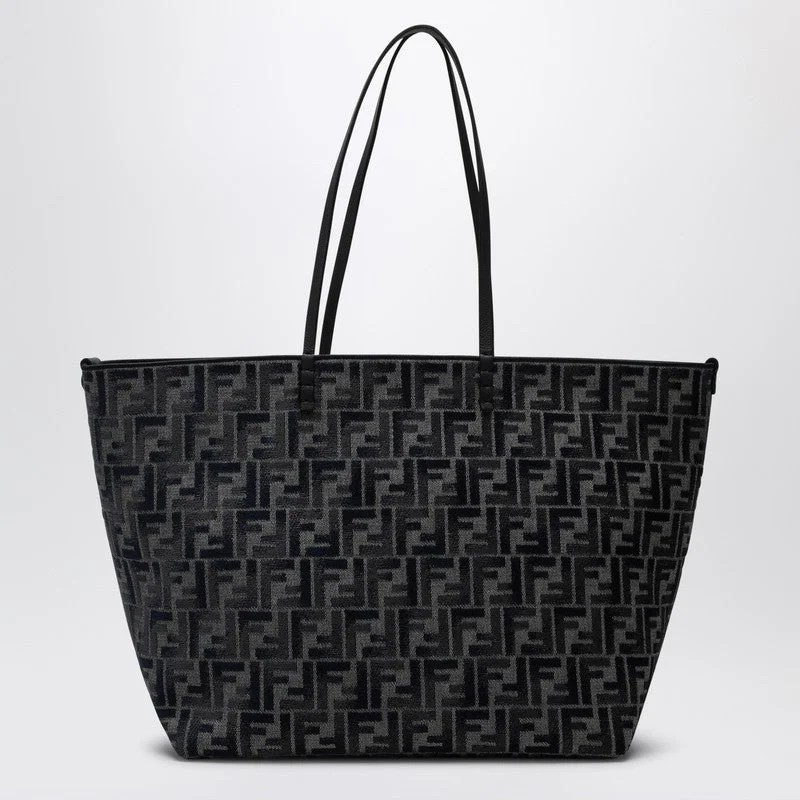 Fendi handbags with a perforated leather detail for a breathable and unique designFendi Shopper Bag Roll Large In Dark Blue Ff Chenille Women