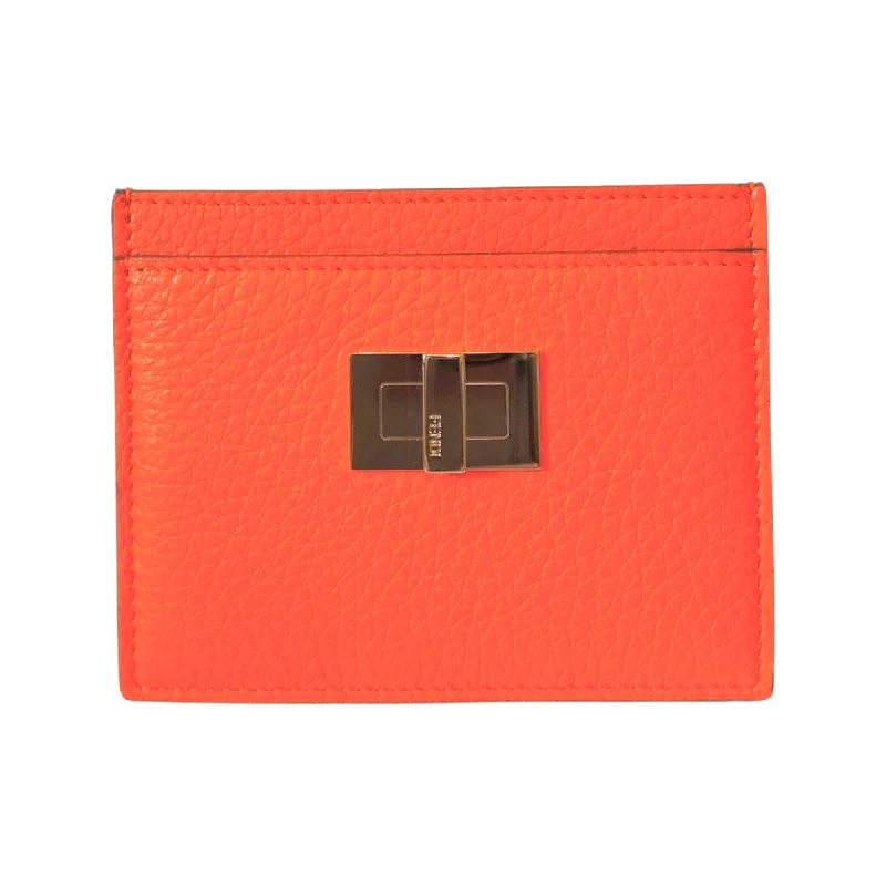 Fendi crossbody bags with a reflective strap for safety during low - light conditionsFendi Peekaboo Orange Grained Leather Card Case Wallet