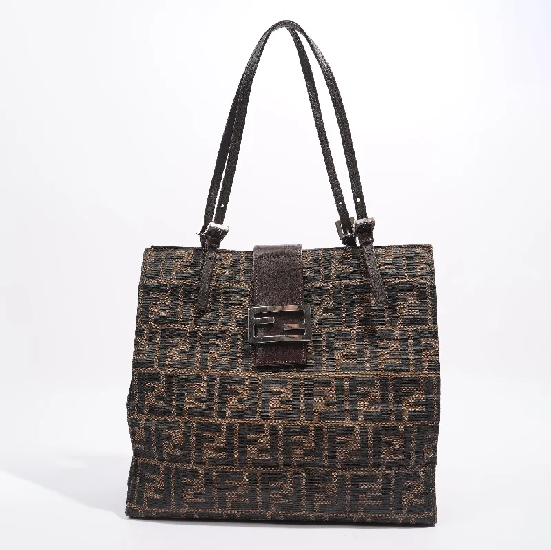 Fendi By The Way bags with a large capacity and a drawstring closureFendi Print Shoulder Bag Brown Zucca Canvas