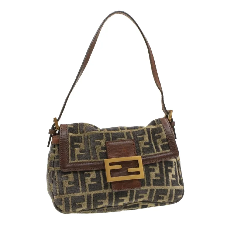 Ladies Fendi shoulder bags with a detachable key fob for easy key managementFENDI Mamma Baguette Zucca Canvas Shoulder Bag freeze Black Brown  am154b