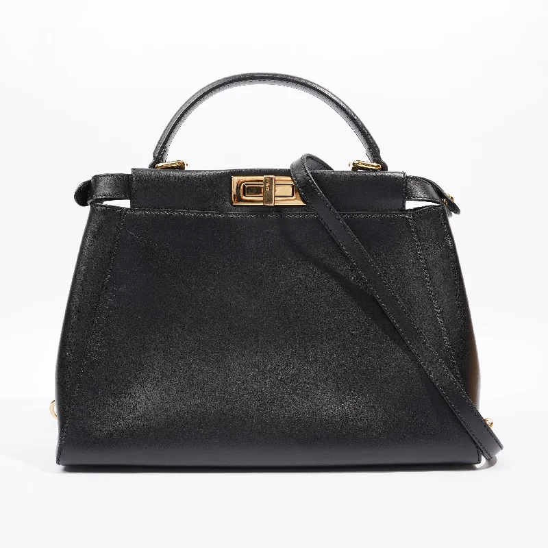 Fendi tote bags with a spacious interior and multiple pockets for daily essentialsFendi Peekaboo Top Handle Black Leather Medium