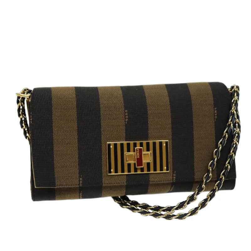 Fendi bags with a touch - screen - friendly pocket for using devices without taking them outFENDI Pecan Canvas Chain Shoulder Bag Brown Black  73036