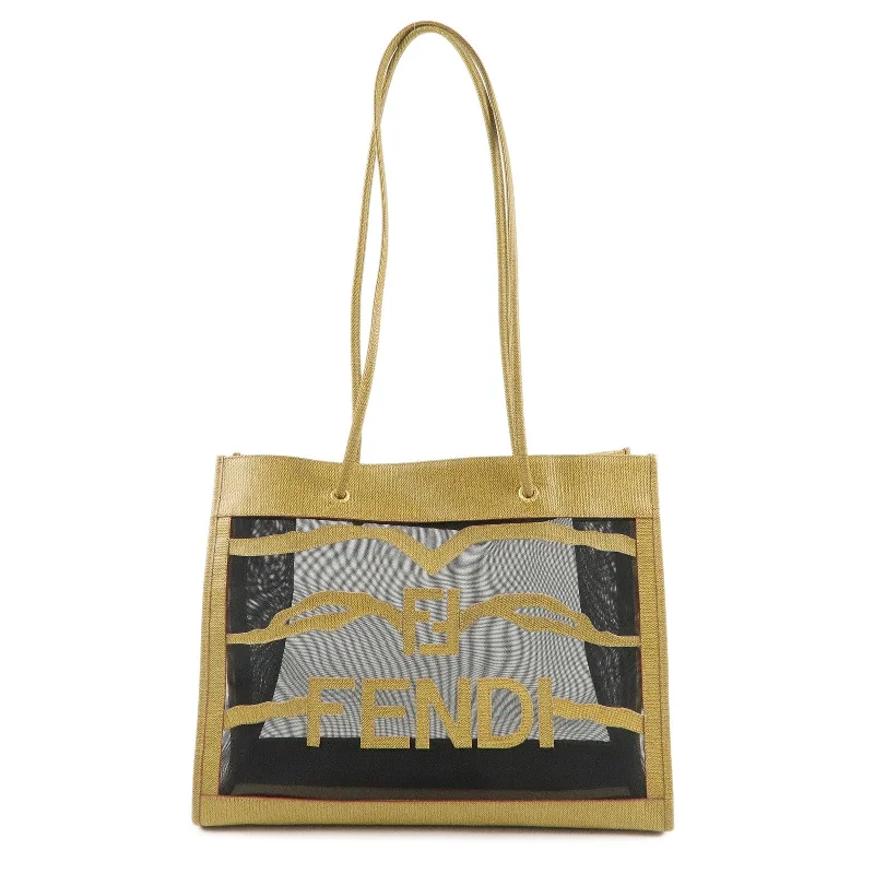 Fendi bags with a touch - screen - friendly pocket for using devices without taking them outFENDI PVC Mesh Leather Shoulder Bag Brown Black Yellow