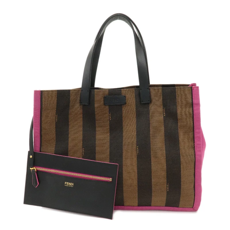 Fendi tote bags with a hand - painted FF pattern for an artisanal and one - of - a - kind touchFENDI Pequin Canvas Leather Tote Bag Hand Bag Brown Pink 8BH252