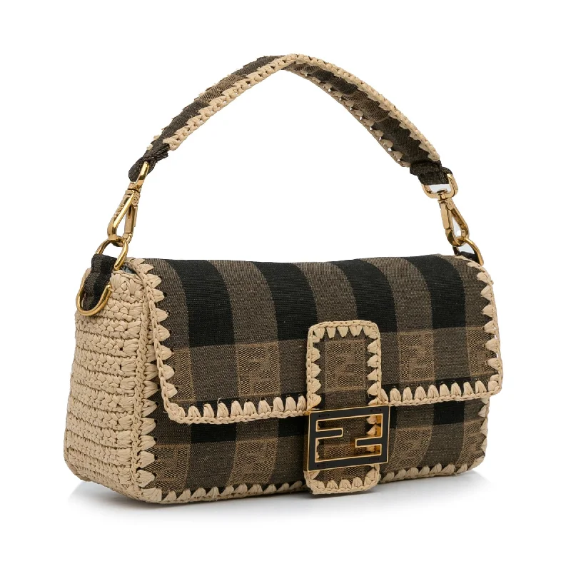 Fendi backpacks with a retractable handle for easy transportationFendi Pequin Canvas and Raffia Baguette (SHG-LMio6U)