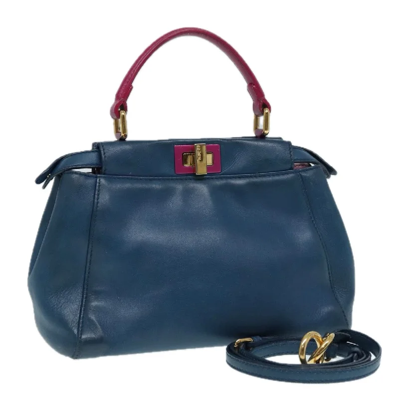 Fendi tote bags with a reinforced bottom for increased durabilityFENDI Mini Peek A Boo Hand Bag Leather 2way Blue Gold  86182