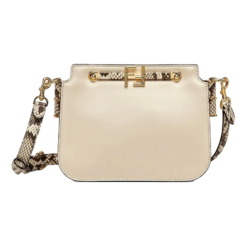 Ladies Fendi shoulder bags with a detachable scarf strap for a stylish and versatile optionFendi Touch Ivory and Python Print Leather Shoulder Bag