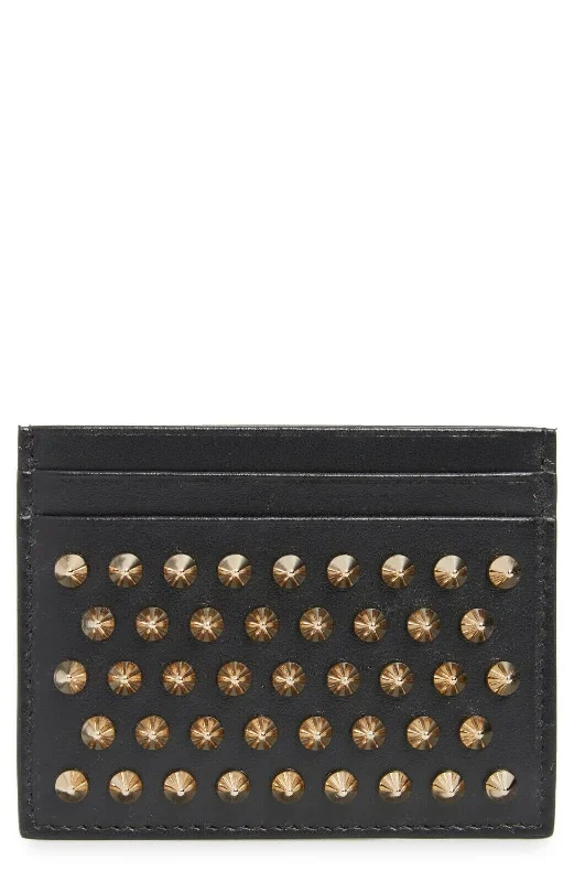 CHRISTIAN LOUBOUTIN Kios Spiked Calfskin Leather Card Case Black Gold Men NEW