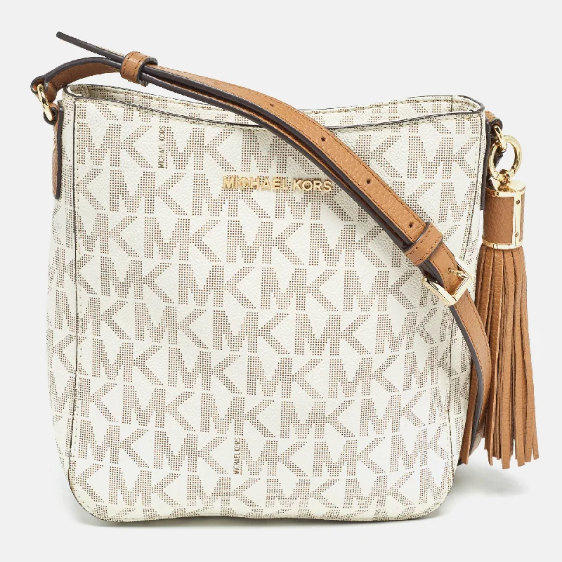 Michael Michael Kors Bags for technology expos in a tech - savvy and stylish designWhite Signature Coated Canvas and Leather Tassel Messenger Bag