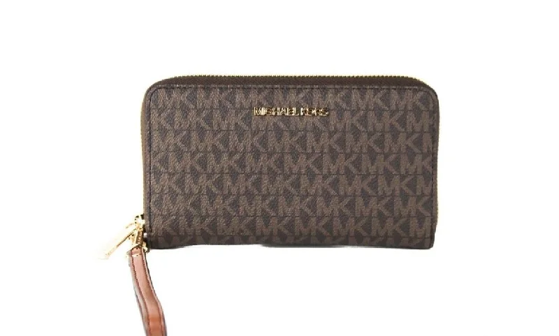 Michael Michael Kors Bags with gold - tone hardware for a touch of luxuryMichael Kors Jet Set Large Brown Signature PVC Flat Multifunction Wrist Wallet