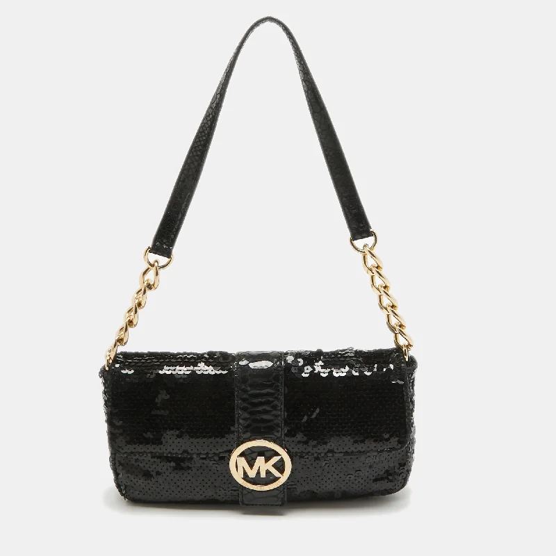 pebbled leather Michael Michael Kors Bags for durabilityBlack Python Embossed and Sequins Logo Flap Shoulder Bag