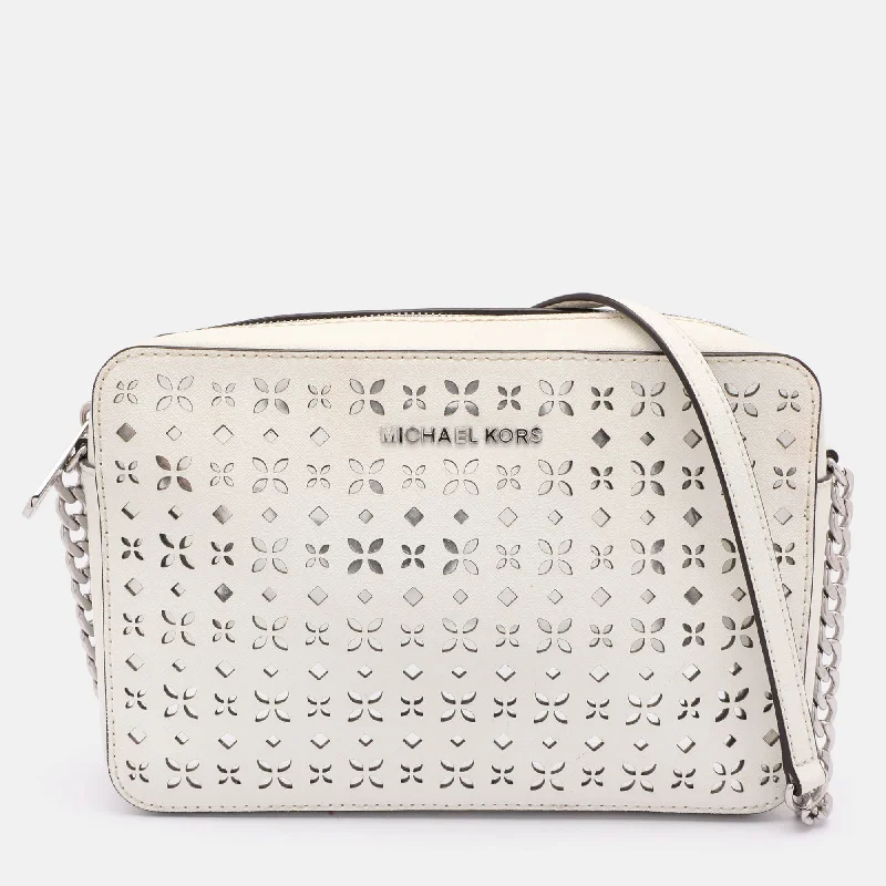 Michael Michael Kors Bags for film festivals in a red - carpet - worthy styleWhite Leather Laser Cut East West Crossbody Bag