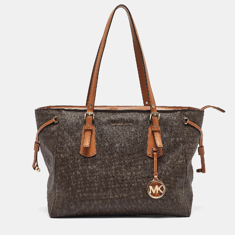 Michael Michael Kors beach bags with water - resistant materialBrown Signature Coated Canvas and Leather Voyager Shopper Tote