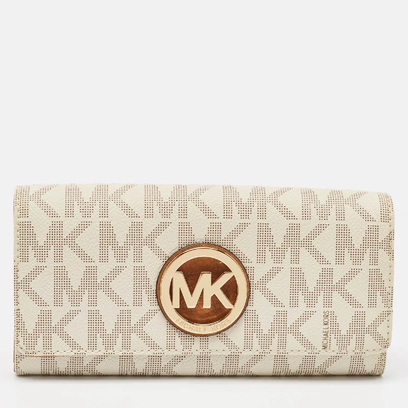 floral - designed Michael Michael Kors totes for garden partiesWhite/Brown Signature Coated Canvas and Leather Fulton Continental Wallet