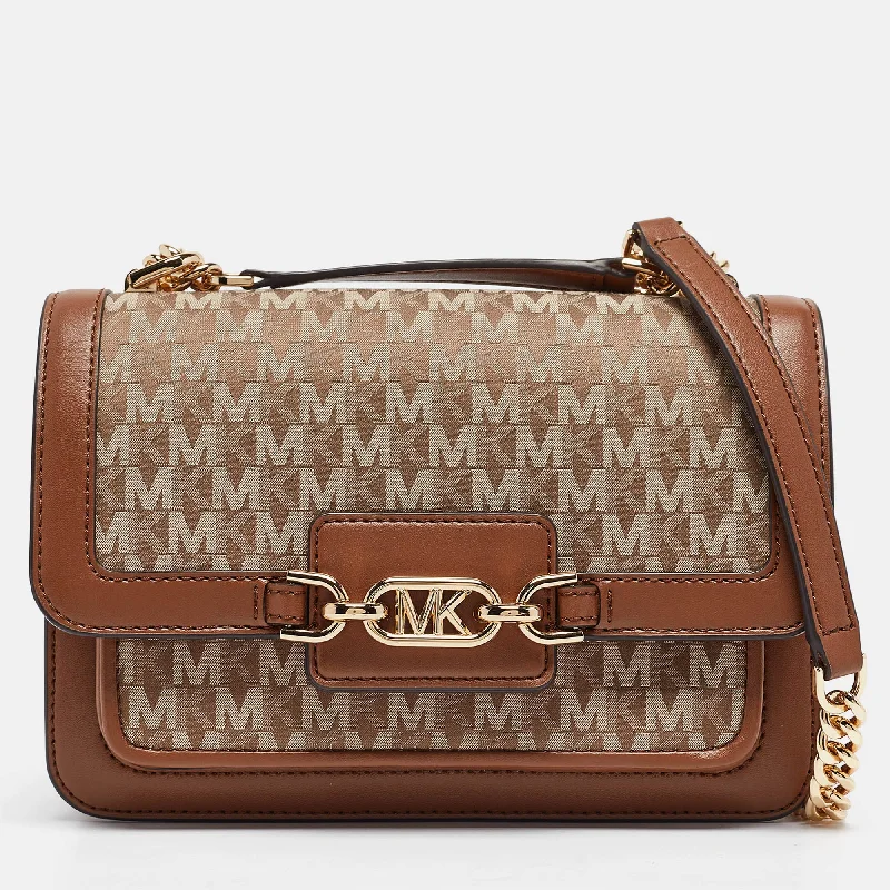 Michael Michael Kors Bags for cruise vacations with a nautical - inspired lookBeige/Brown Signature Fabric and Leather Large Heather Shoulder Bag