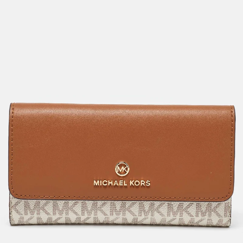 Michael Michael Kors Bags for photography workshops to hold camera equipmentWhite/Tan Coated Canvas and Leather Fulton Continental Wallet