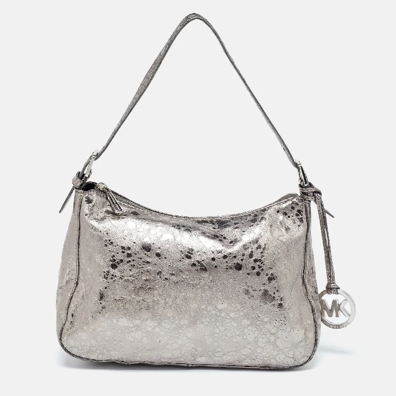 pebbled leather Michael Michael Kors Bags for durabilityMetallic Grey Textured Patent and Leather Logo Charm Shoulder Bag