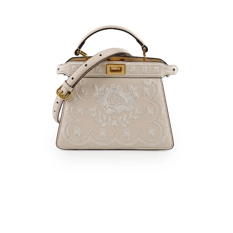 Fendi Peekaboo bags with a classic two - compartment design for organized storageFendi Peekaboo Mini Emroidered Bag Beige