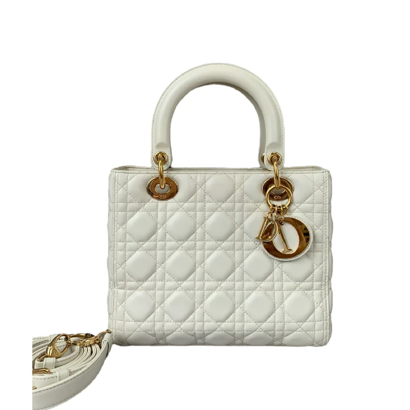 Christian Dior Saddle bags with a distressed leather finishCannage Lady Dior Medium White GHW