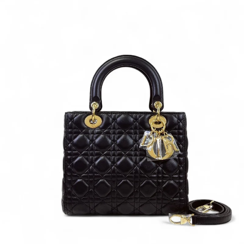 Christian Dior bags with a zip - top closure and multiple compartmentsChristian Dior Lady Dior Medium, Black Lambskin Gold-tone Hardware