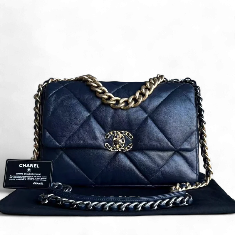 Chanel bags with iconic gold chainsChanel 19 Medium - C19 Quilted Goatskin Dark Navy Blue Shoulder Bag Two-tone Hardware Series 29