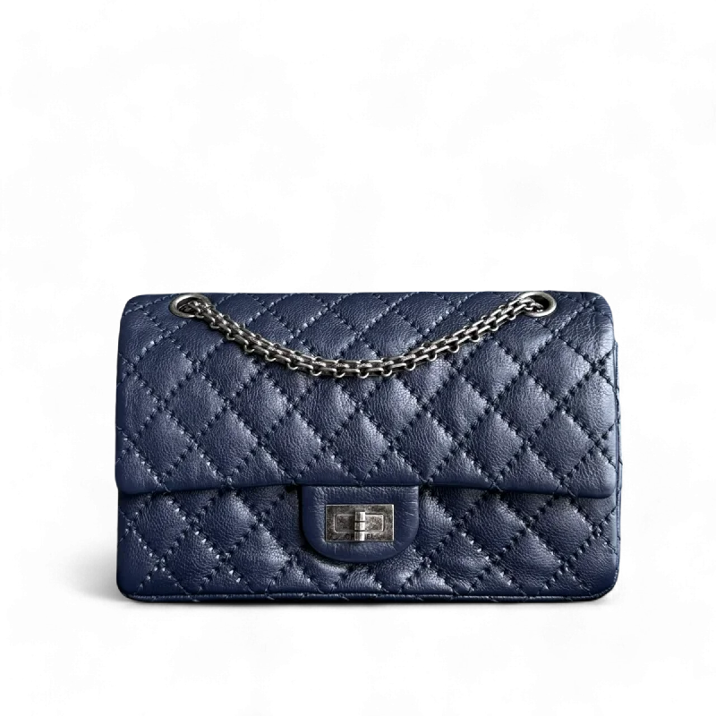 Chanel bags with exclusive seasonal designs and materialsChanel 2.55 225 Reissue - Small 24CM Quilted Grained Calfskin Dark Blue Ruthenium Silver Hardware Series 22