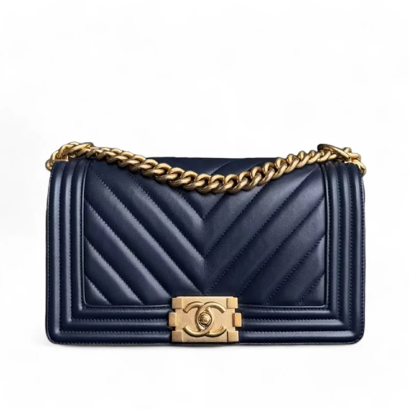 Chanel Lightweight Handbag for Daily ErrandsChanel Boy Medium - 25CM Chevron Lambskin Dark Navy Blue Gold Hardware Series 25