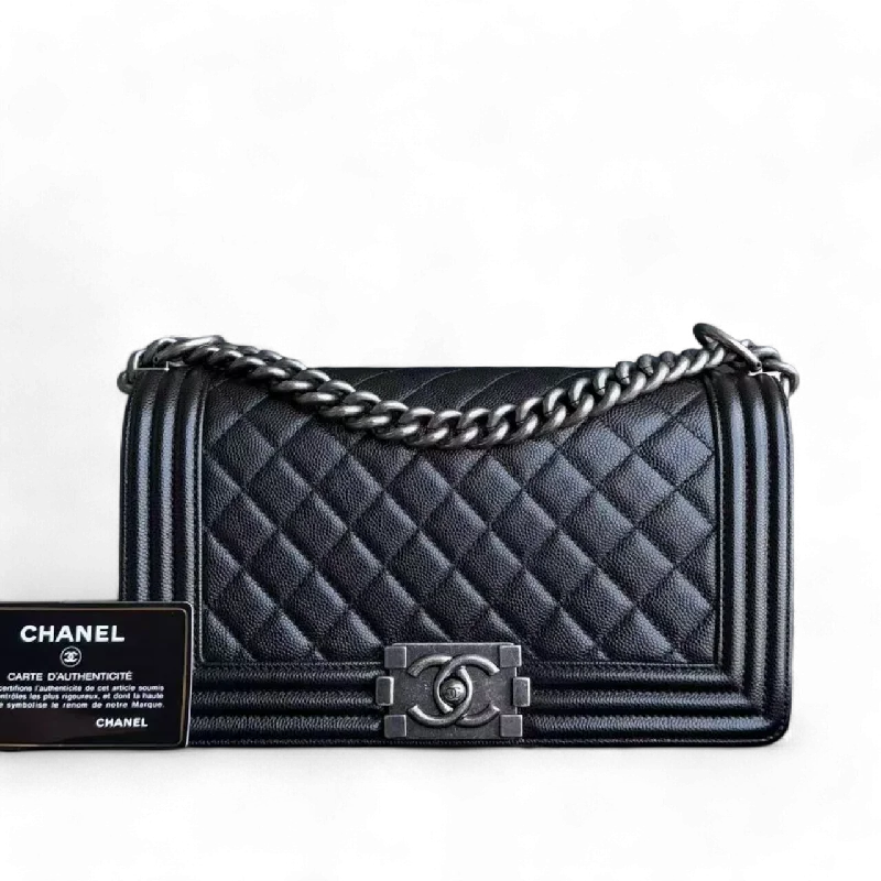 Chanel bags for those who value investment piecesChanel Boy Medium - Caviar 25CM Quilted Black Ruthenium Silver Hardware Series 25