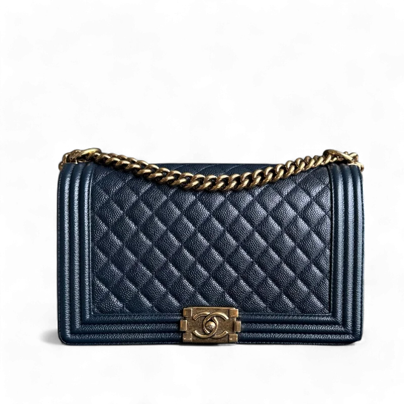 Chanel Black Handbag for Business MeetingsChanel Boy Medium - Caviar 28CM New Medium Dark Blue Ruthenium Gold Hardware Series 19