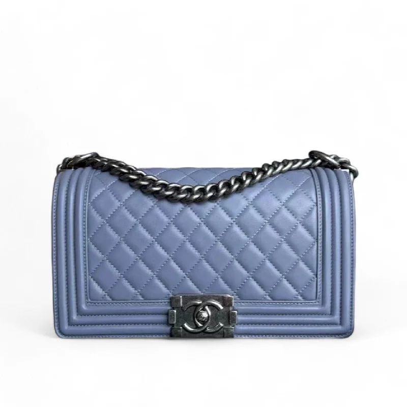 Chanel bags with classic and elegant designsChanel Boy Medium - Lambskin 25CM Quilted Purple Blue Ruthenium Silver Hardware Series 15