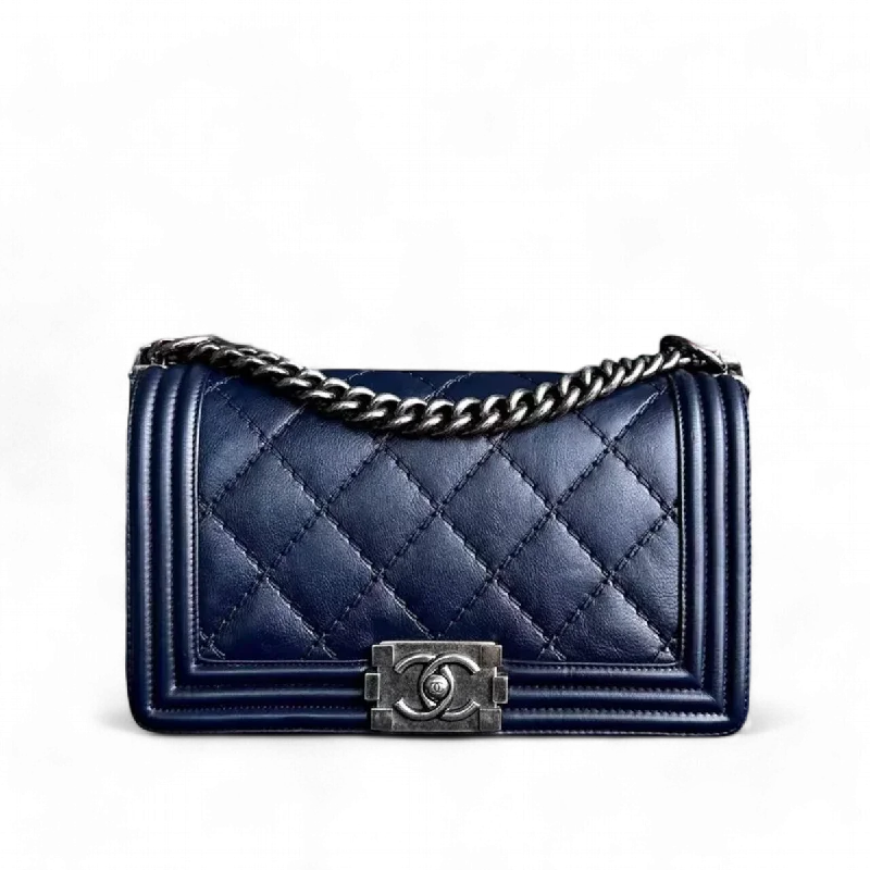 Chanel Classic Flap Bag for Evening PartyChanel Boy Old Medium 25CM Quilted Calfskin Dark Blue RSHW No 19