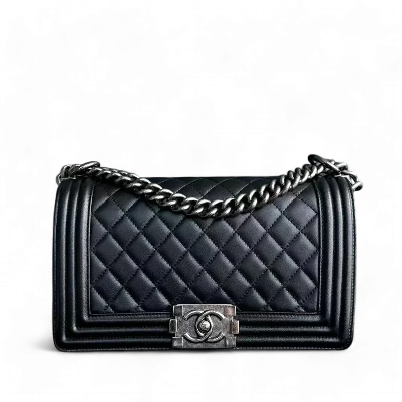 Chanel bags with iconic gold chainsChanel Boy Old Medium 25CM Quilted Lambskin Black Leboy Ruthenium Silver Hardware