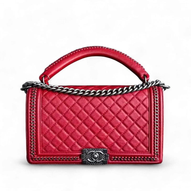 Chanel All - Match Handbag for Versatile StylingChanel Calfskin Boy Handle New Medium 28CM Quilted Leboy Palladium Silver Hardware Series 23