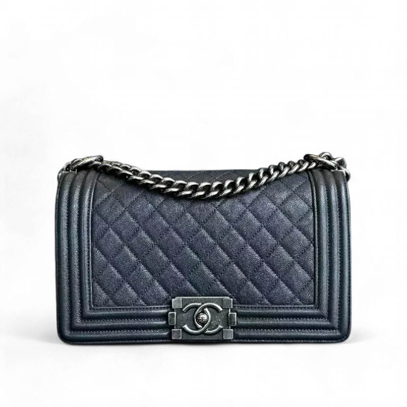 Chanel bags with gold, silver, and pearl accentsCaviar Boy Old Medium 25CM Quilted Calfskin Dark Grey Gray Silver Hardware Series 26