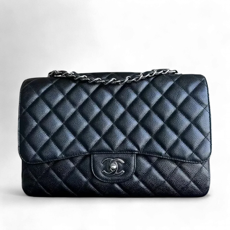 Chanel bags available in bold colors and patternsCaviar Jumbo Classic Flap Quilted Grained Calfskin Black Silver Hardware Series 12