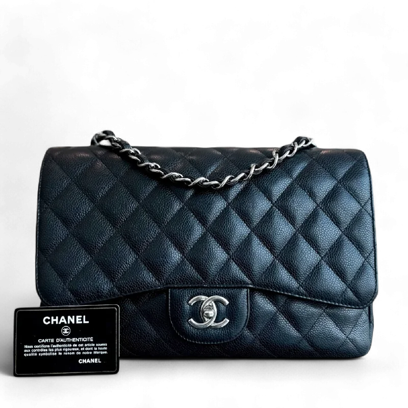 Chanel Handbag with Adjustable Strap for ComfortCaviar Jumbo Classic Flap Single Flap Quilted Calfskin Black SHW No 13