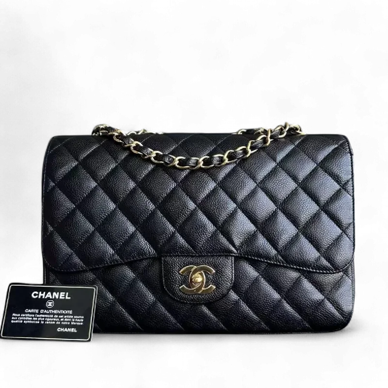 Chanel Quilted Leather Shoulder Bag for FashionistasCaviar Jumbo Classic Flap Single Flap Quilted Grained Calfskin Black Golden Hardware Series 13