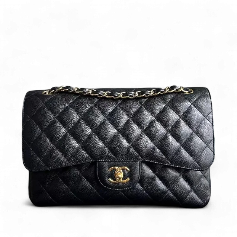 Chanel bags with iconic stitching detailsChanel Caviar Jumbo Double Flap Classic Flap Quilted Calfskin Black GHW