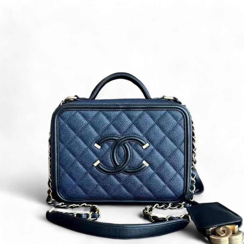 Chanel Classic Flap Bag for Evening PartyChanel Caviar Medium filigree Vanity Case Quilted Grained Calfskin Dark Blue Golden Hardware Series 24