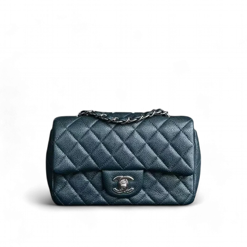 Chanel bags that pair perfectly with any outfitCaviar Mini Rectangular Classic Flap Quilted Calfskin Dark Green Silver Hardware