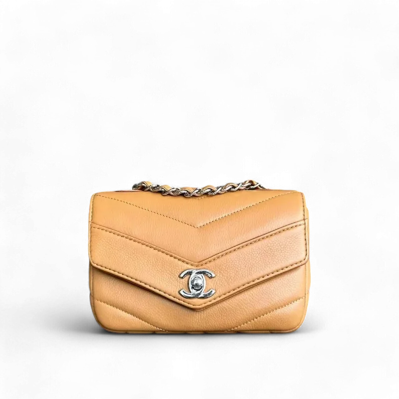 Chanel bags in luxury boutiques worldwideChanel Mini Square Flap - Caviar V Stitch Chevron Seasonal Calfskin Light Brown SHW No 24