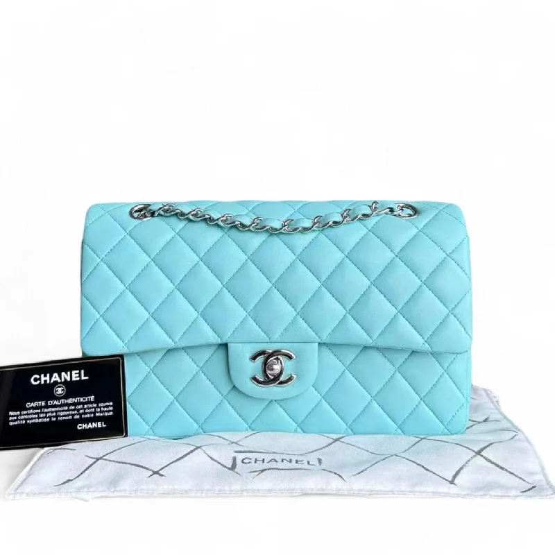 Chanel Designer Handbag with Unique DesignChanel Classic Flap Medium - 25CM Double Flap Quilted Lambskin Tiffany Blue Silver Hardware Series 27